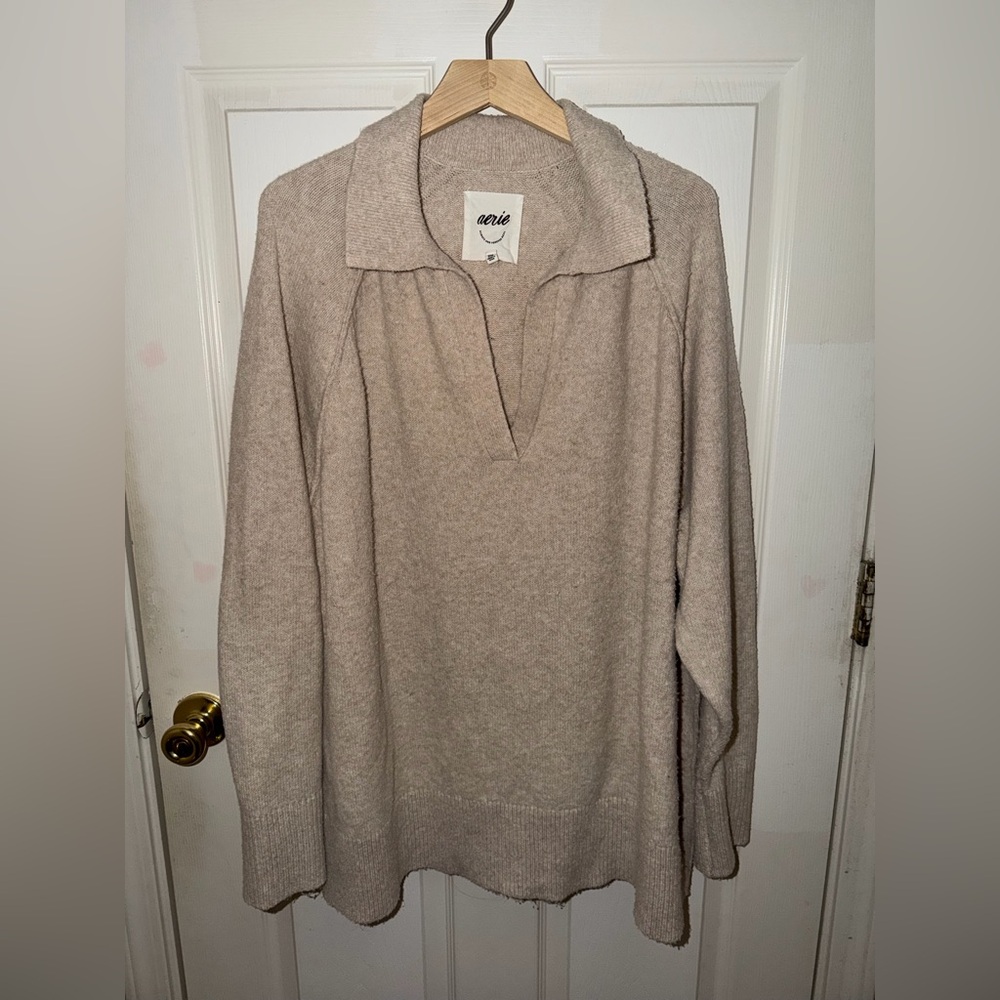 Aerie Oatmeal Oversized Collared Sweater